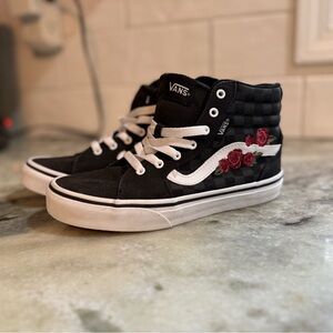 Vans Kids Black High-Tops with Red Rose Detail